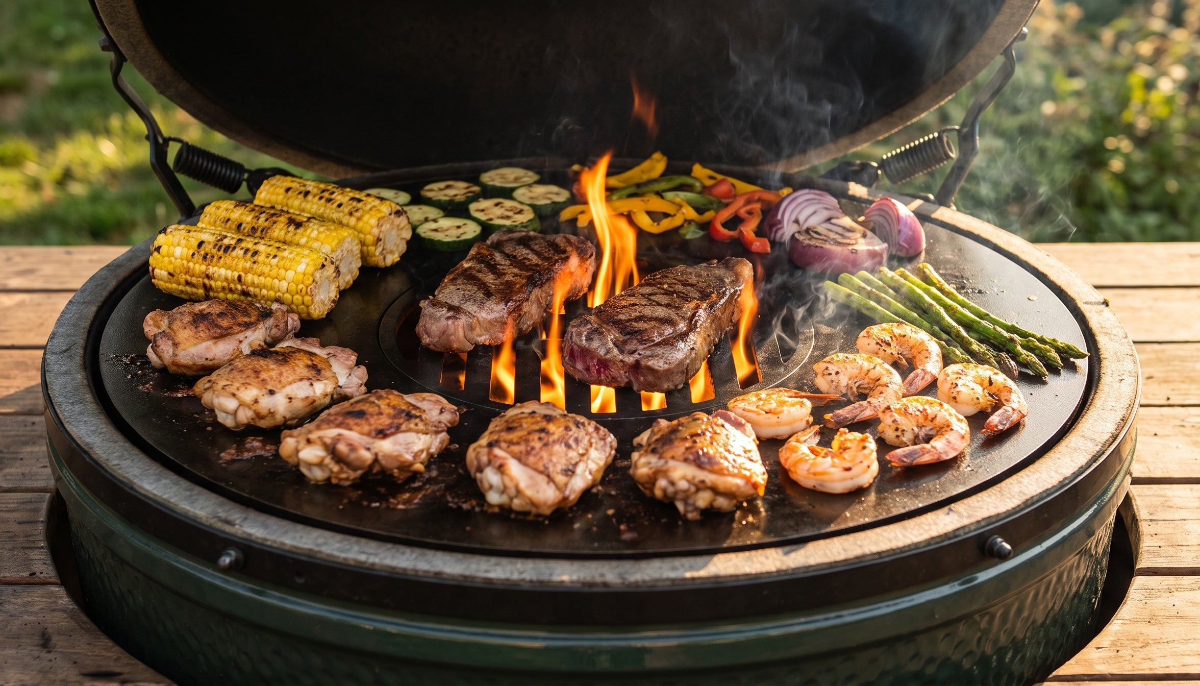 Steaks, chicken, shrimp, corn and vegetables cooking at the same time on the Arteflame griddle ring and center grate in a kamado grill